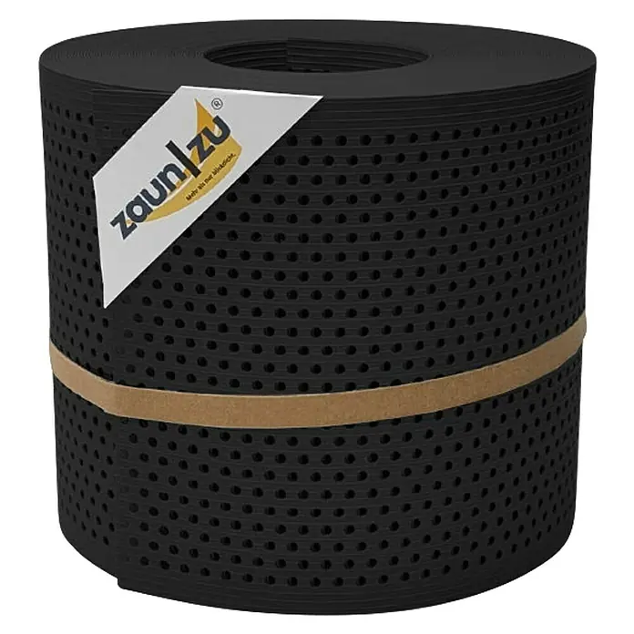 zaun|zu Sichtschutzstreifen Rille Gelocht 20% PP - 26 m x 19 cm x 0,1 cm, Tiefschwarz - Ein großes zylindrisches Zaunlu-Sichtschutz-Produkt mit regelmäßigen Löchern und einem hellen Etikett.