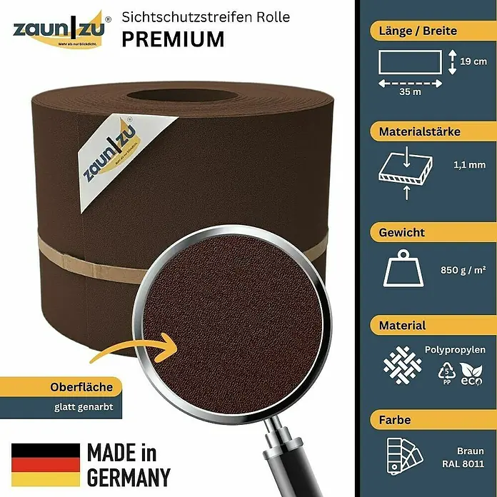 zaun|zu Sichtschutzstreifen Premium 35 m Rolle - 35 m x 19 cm x 0,1 cm, Braun - Sichtschutzstreifen Rolle Premium von Zaun zu. 35 m lang, 19 cm breit, 1,1 mm dick, Gewicht 850 g/m², aus Polypropylen, Farbe Braun RAL 8011.