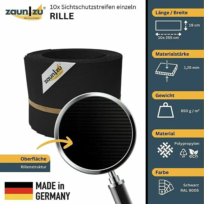 zaun|zu Sichtschutzstreifen Rille 10 x Einzelstreifen - 25,5 m x 19 cm x 0,1 cm, Tiefschwarz - Zaunstreifen RILLE: 10x Sichtschutzstreifen, Polypropylen, 19 cm hoch, 255 cm lang. Ideal für den Sichtschutz im Garten. Made in Germany.