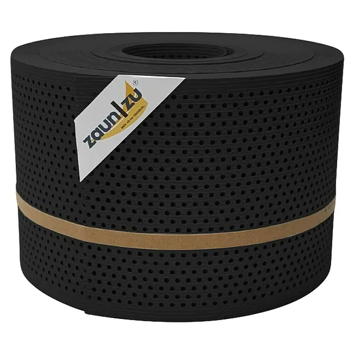 zaun|zu Sichtschutzstreifen Rille Gelocht 20% PP - 50 m x 19 cm x 0,1 cm, Tiefschwarz - Ein schwarzer Sichtschutz Zaun/Zu Rolle mit kleinen Löchern und einem braunen Band umwickelt, darauf ein Logo.