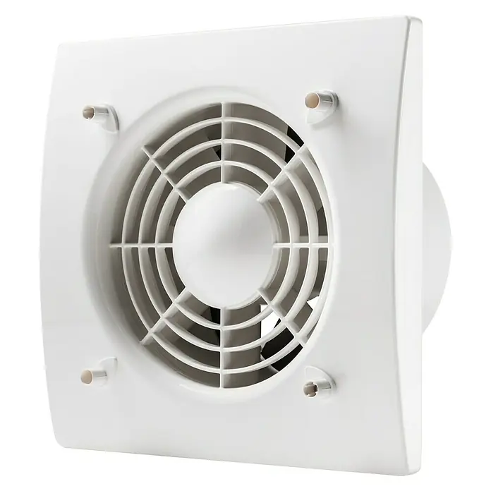 Air-Circle Wandventilator Premium HT 100 - Weiß, 10 cm - Abbildung eines weißen Badezimmerlüfters mit rundem Lüftergitter. Das Gerät ist sauber und modern gestaltet.