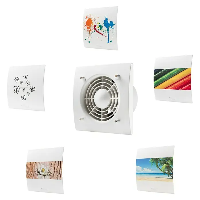 Air-Circle Wandventilator Premium HT 100 - Weiß, 10 cm - Verschiedene Ansichten eines weißen Wandventilators mit unterschiedlichen Frontplatten.