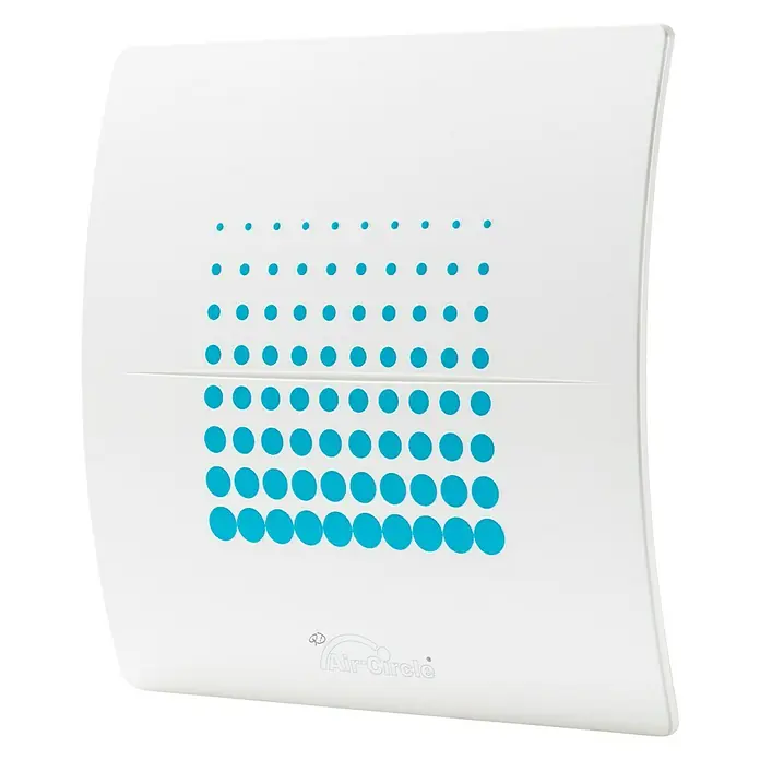 Air-Circle Designblende - Endless Blue, Passend für: Ventilator Premium 100 - Weißer Air Circle Lüfter mit blauem Punktmuster. Dieses Gerät sorgt für eine effiziente und stilvolle Raumbelüftung.