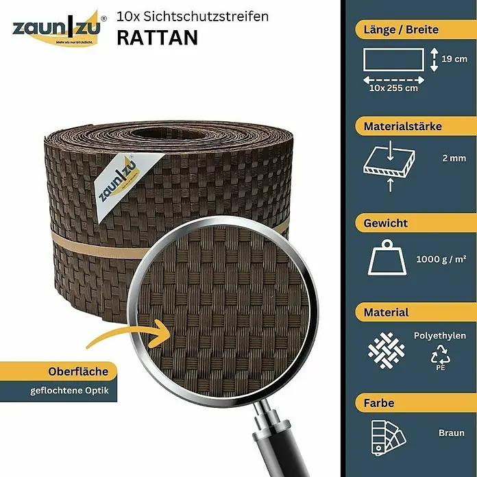 zaun|zu Sichtschutzstreifen Rattan 10 x Einzelstreifen - 25,5 m x 19 cm x 0,2 cm, Braun - Zaunstreifen aus Rattan. Sichtschutzstreifen, braun, 19 cm breit, 2 mm dick, 1000 g/m², aus Polyethylen, geflochtene Optik.