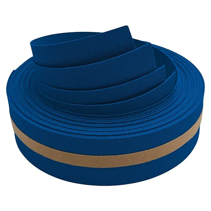 zaun|zu Sichtschutzstreifen Premium 1/4 Set - 2,55 m x 4,7 cm x 0,1 cm, Enzianblau - Eine Rolle blaues Lenkerband für Fahrräder mit einer braunen Klebefläche, ideal für Komfort und sicheren Halt beim Fahren.