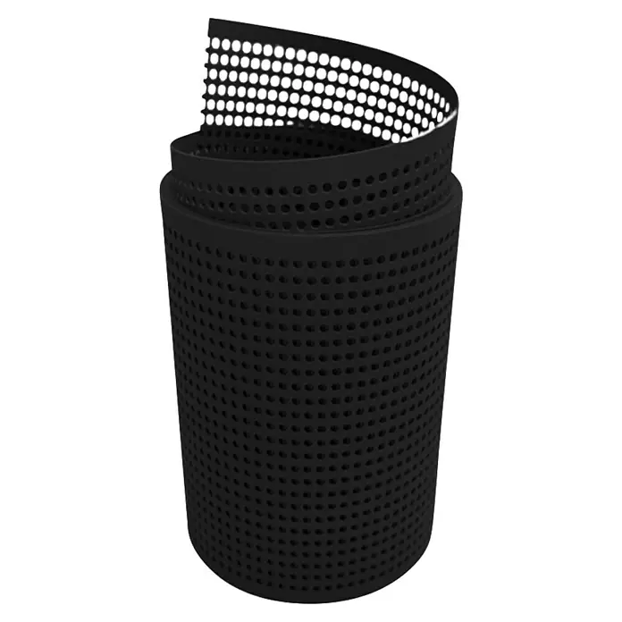 zaun|zu Sichtschutzstreifen Premium Gelocht - 2,55 m x 19 cm x 0,1 cm, Tiefschwarz - Abbildung eines spiralförmigen, perforierten, schwarzen Filters. Ideal für die Wasserreinigung. Die perforierte Textur ermöglicht eine effiziente Filtration.