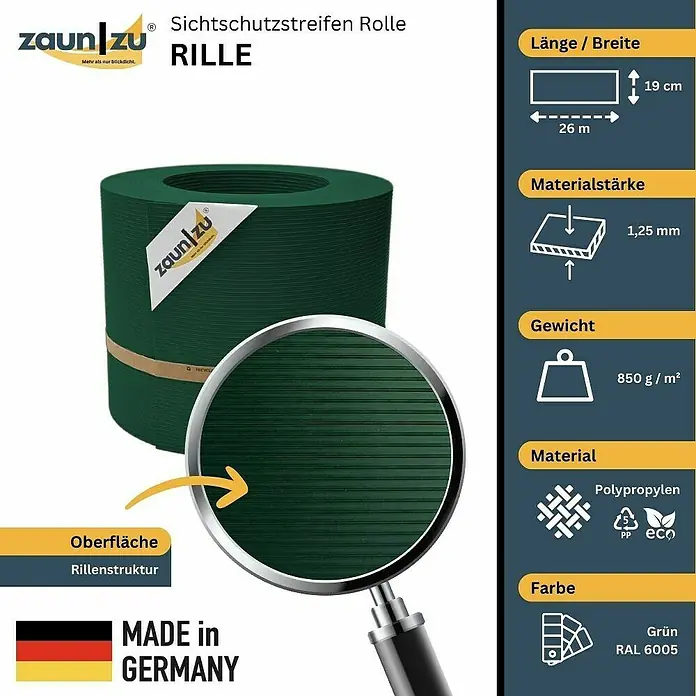 zaun|zu Sichtschutzstreifen Rille PP DSM - 26 m x 19 cm x 0,1 cm, Grün - Produktabbildung einer grünen Sichtschutzstreifen Rolle "RILLE" mit Produktinformationen wie Maße und Material.