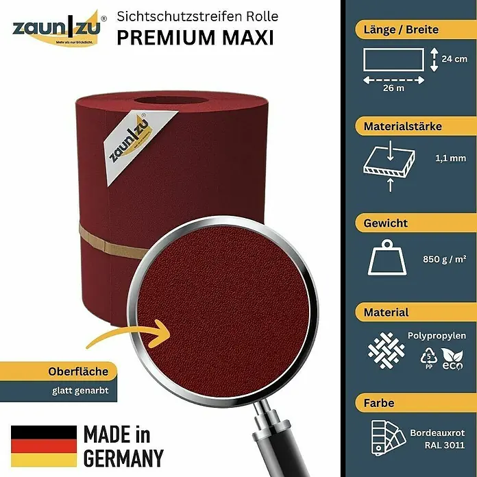 zaun|zu Sichtschutzstreifen Premium Maxi - L x B x H: 26 m x 24 cm x 0,1 cm, Bordeauxrot - Zaun-Sichtschutzstreifen Rolle Premium Maxi. Die Rolle ist bordeauxrot, aus Polypropylen, 26m lang und 24cm breit, mit einer Materialstärke von 1,1mm.