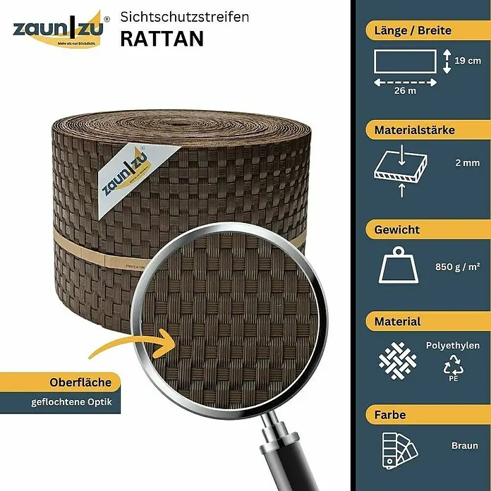 zaun|zu Sichtschutzstreifen Rattan PE - 26 m x 19 cm x 0,2 cm, Braun - Produktabbildung von Sichtschutzstreifen Rattan in Braun, mit den Maßen 26 m Länge und 19 cm Breite, Materialstärke 2 mm und Gewicht von 850 g/m².