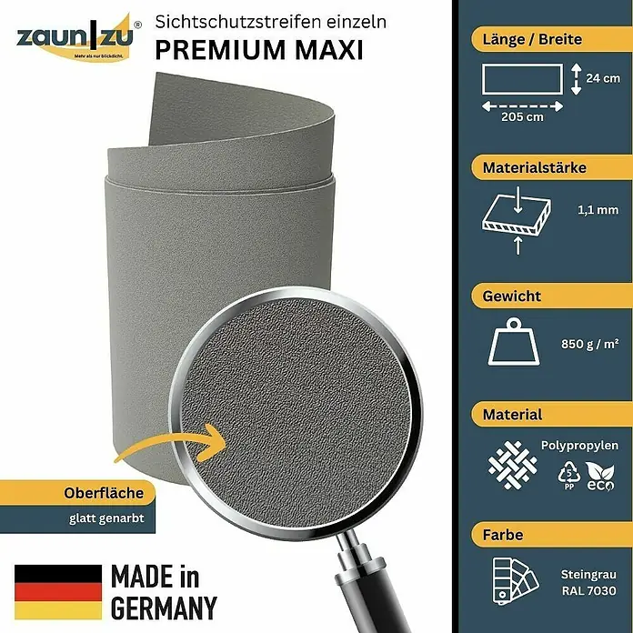 zaun|zu Sichtschutzstreifen Premium Maxi - L x B x H: 2,05 m x 24 cm x 0,1 cm, Steingrau - Produktbild der grauen Sichtschutzstreifen "Premium Maxi" von Zaun zu mit Größenangaben und Materialinformationen.