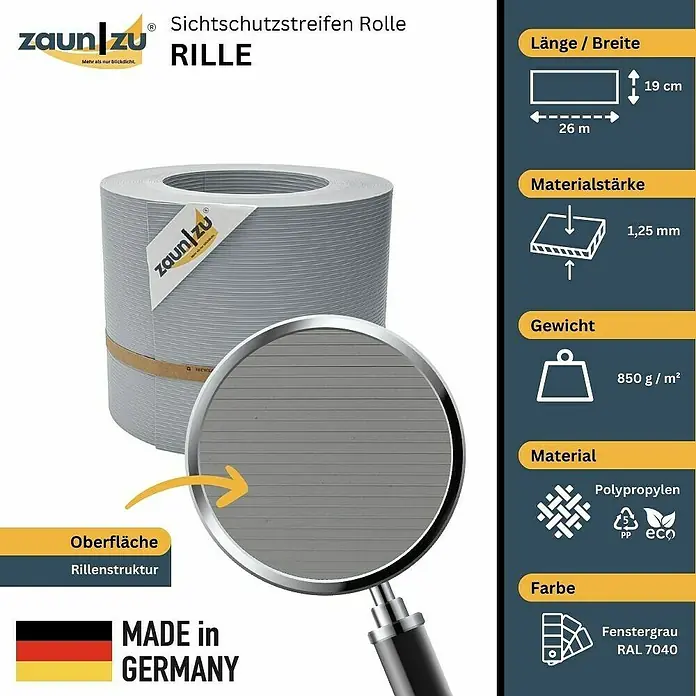 zaun|zu Sichtschutzstreifen Rille PP DSM - 26 m x 19 cm x 0,1 cm, Fenstergrau - Sichtschutzstreifen Rolle "Rille" von Zaun zu. Das Produkt ist aus Polypropylen gefertigt und in Fenstergrau (RAL 7040) gehalten.