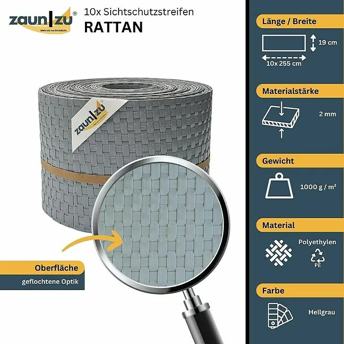 zaun|zu Sichtschutzstreifen Rattan 10 x Einzelstreifen - 25,5 m x 19 cm x 0,2 cm, Hellgrau - 10er-Packung grauer Sichtschutzstreifen "Rattan" aus Polyethylen, mit geflochtener Optik, jeweils 19 cm breit und 255 cm lang.