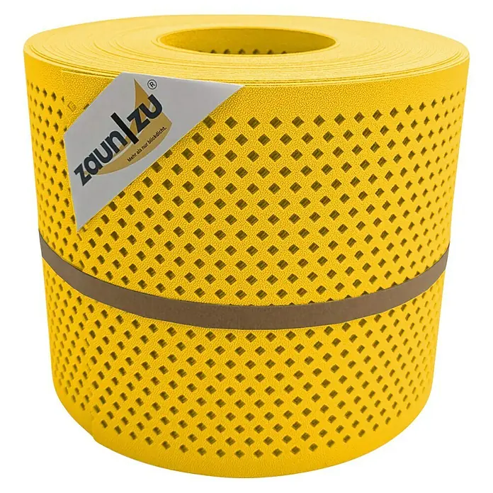 zaun|zu Sichtschutzstreifen Premium Gelocht Diamant - 26 m x 19 cm x 0,1 cm, Gelb - Gelbe Zaunfolie mit quadratischen Löchern auf Rolle, ideal für Sichtschutz und Gestaltung im Garten.