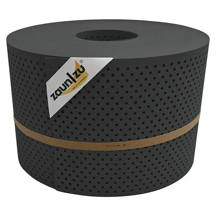 zaun|zu Sichtschutzstreifen Premium Gelocht 15% - 50 m x 19 cm x 0,1 cm, Anthrazit - Aufnahme einer Rolle Zaunfolie in Anthrazit, ideal als Sichtschutz für Zäune, mit dem "Zaun zu" Logo und einem Hinweis auf Recycelbarkeit.
