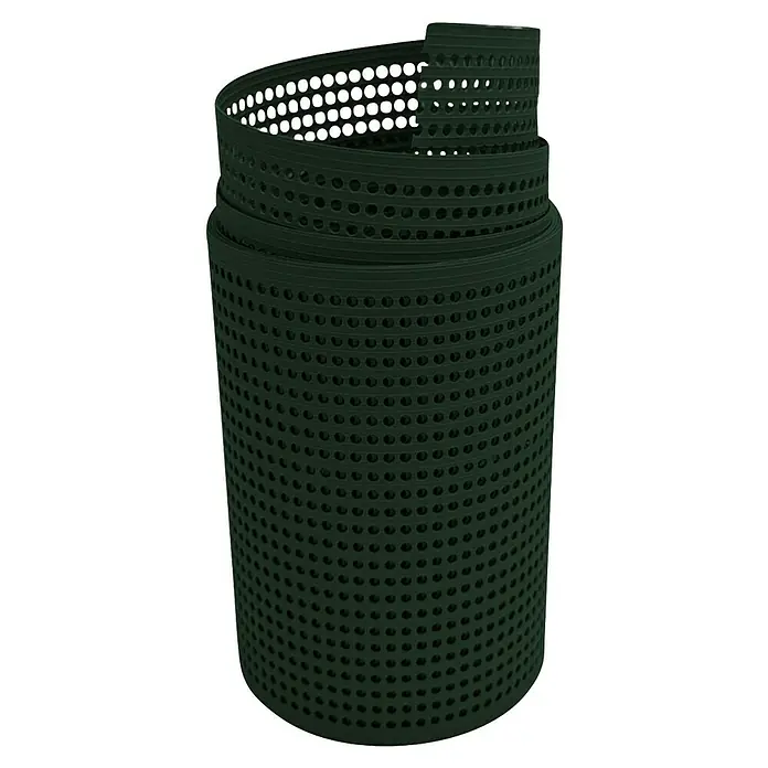 zaun|zu Sichtschutzstreifen Rille Gelocht 30% PP - 2,55 m x 19 cm x 0,1 cm, Tannengrün - Eine Rolle dunkler Drainageschlauch aus Kunststoff mit Löchern, aufgerollt, geeignet für Gartenbewässerung und Drainage.