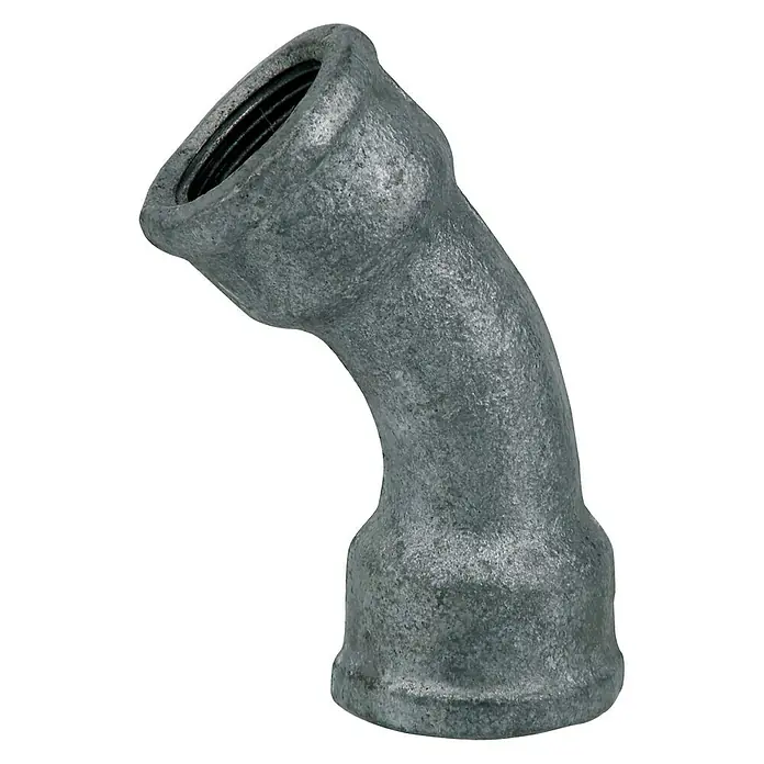 Rohrbogen II - Gewinde: ¾″, Winkel: 45 °, Verzinkt - Graues Winkelstück aus Metall mit Innengewinde, ein robustes und langlebiges Produkt für Sanitär- und Heizungsinstallationen.