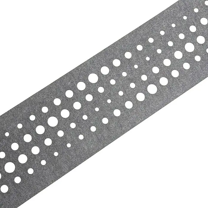 zaun|zu Sichtschutzstreifen Design Pulse - 2,6 m x 19 cm x 0,2 cm, Hellgrau - Detailansicht eines grauen Produkts mit einem Lochmuster aus unterschiedlich großen Kreisen für moderne Optik und Funktionalität.