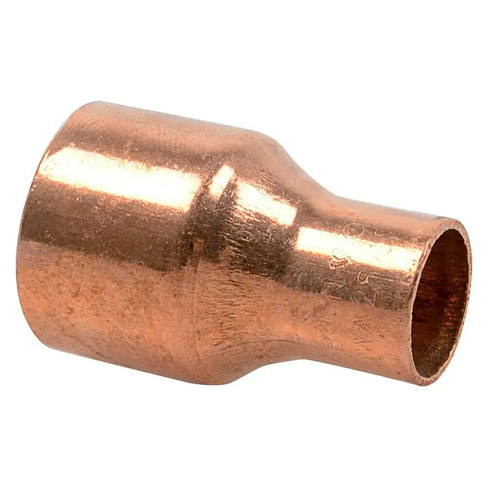 Absatznippel 5243 - 28 x 15 mm, 1 Stk., Metall - Kupferreduzierstück, ein Rohrverbinder zum Verbinden von Rohren unterschiedlicher Größe, glänzende Oberfläche.