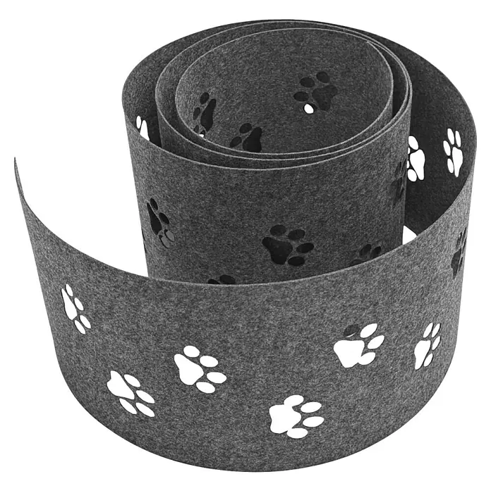 zaun|zu Sichtschutzstreifen Dekor Tapsi - 2,6 m x 19 cm x 0,2 cm, Hellgrau - Graues, gewalztes Katzenstreu mit schwarzen Pfotenabdrücken. Ideal zum Krallenschärfen und Spielen für Katzen.