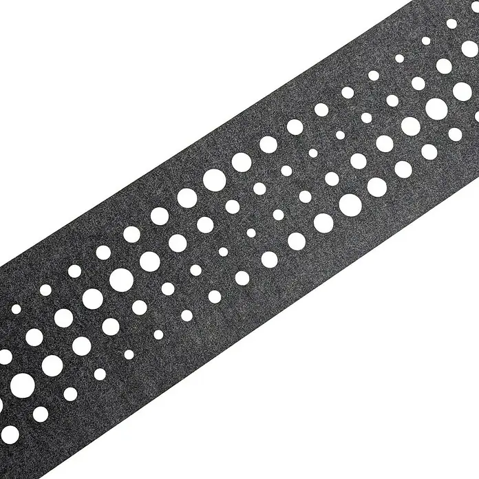 zaun|zu Sichtschutzstreifen Design Pulse - 2,6 m x 19 cm x 0,2 cm, Anthrazit - Nahaufnahme eines schwarzen perforierten Stoffes mit weißen Punkten.
