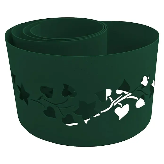 zaun|zu Sichtschutzstreifen Premium - 19 x 0,1 cm, Grün, Florales Design - Ein grüner Pflanzkübel mit ausgeschnittenem Pflanzenmuster, der sich spiralförmig nach oben windet.