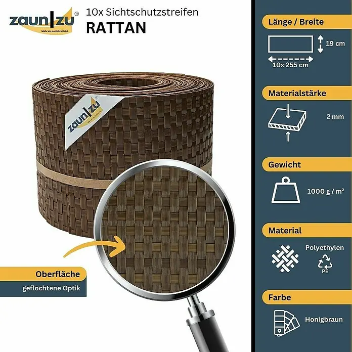 zaun|zu Sichtschutzstreifen Rattan 10 x Einzelstreifen - 25,5 m x 19 cm x 0,2 cm, Honigbraun - Produktbild von 10 Sichtschutzstreifen Rattan. Die Streifen sind honigbraun, aus Polyethylen und haben eine geflochtene Optik.