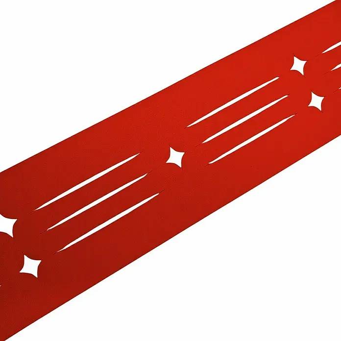 zaun|zu Sichtschutzstreifen Starline Laser - 2,55 m x 19 cm x 0,1 cm, Rot - Rotes, strukturiertes Diagonband mit weißen Stern- und Linienausschnitten.