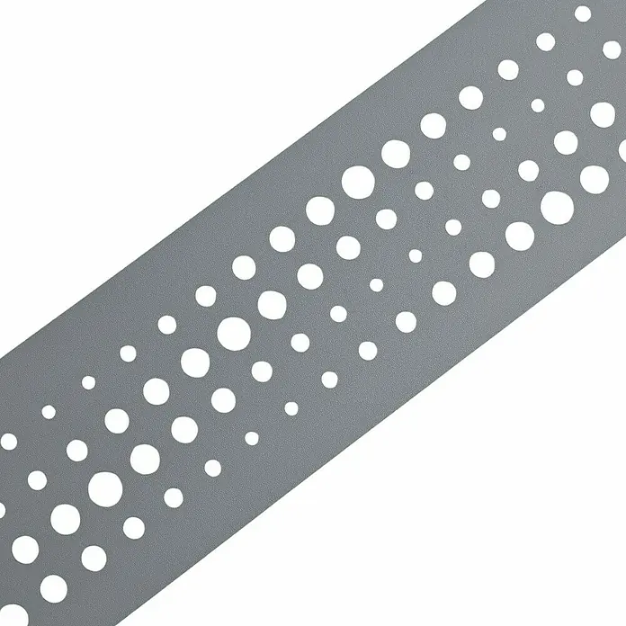 zaun|zu Sichtschutzstreifen Premium - 19 x 0,1 cm, Fenstergrau, Pulse - Graues, gelochtes Armband mit einem Muster aus unterschiedlich großen Kreisen für eine verbesserte Belüftung und Komfort.