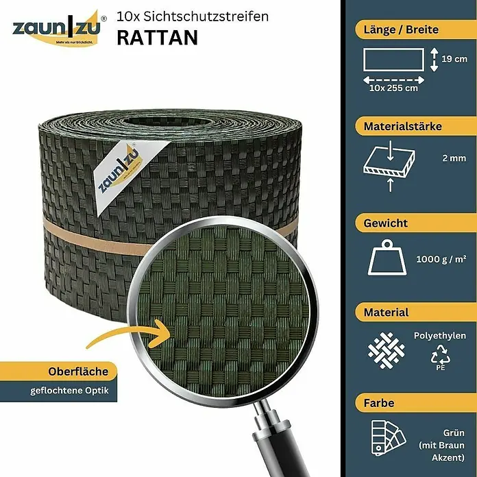 zaun|zu Sichtschutzstreifen Rattan 10 x Einzelstreifen - 25,5 m x 19 cm x 0,2 cm, Grün - Zaunstreifen aus Rattan: 10 Sichtschutzstreifen, Länge 255 cm, Breite 19 cm, Materialstärke 2 mm, Gewicht 1000 g/m², aus Polyethylen, Farbe Grün mit Braun.