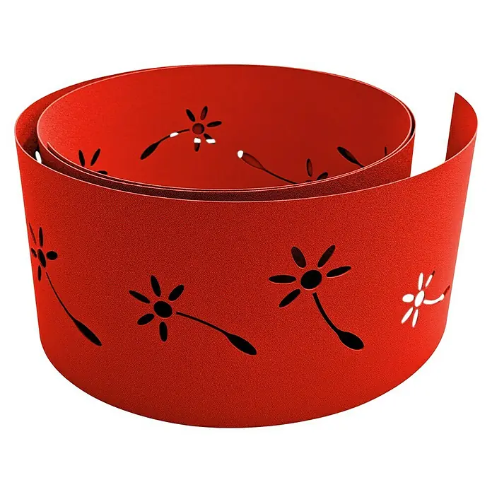 zaun|zu Sichtschutzstreifen Premium Pusteblumen Design - 2,55 m x 19 cm x 0,1 cm, Rot - Roter Tischläufer mit floralem Muster, aufgerollt, für eine festliche Tischdekoration.