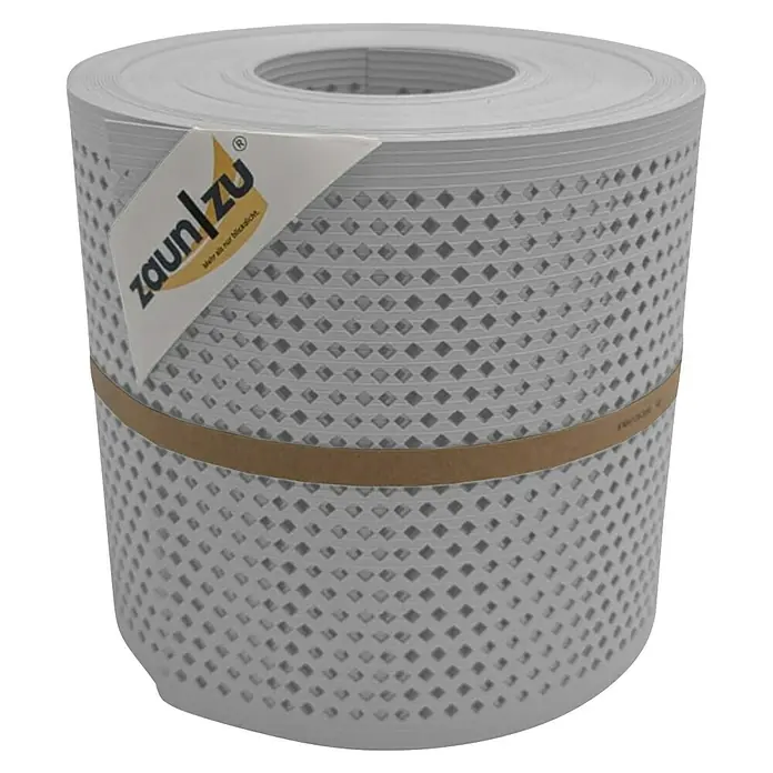 zaun|zu Sichtschutzstreifen Rille Quadrat Diamant - 26 m x 19 cm x 0,1 cm, Lichtgrau - Rolle Zaunfolie "Zaun|zu" mit Rautenmuster und braunem Band zur Befestigung, ideal für Sichtschutz und Gartengestaltung.