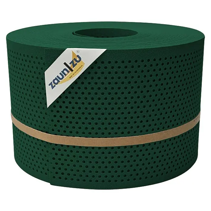 zaun|zu Sichtschutzstreifen Premium Gelocht 20% - 50 m x 19 cm x 0,1 cm, Grün - Eine Rolle grüner Zaunfolie mit Löchern und einem Papieretikett mit dem Aufdruck "zaun|zu".