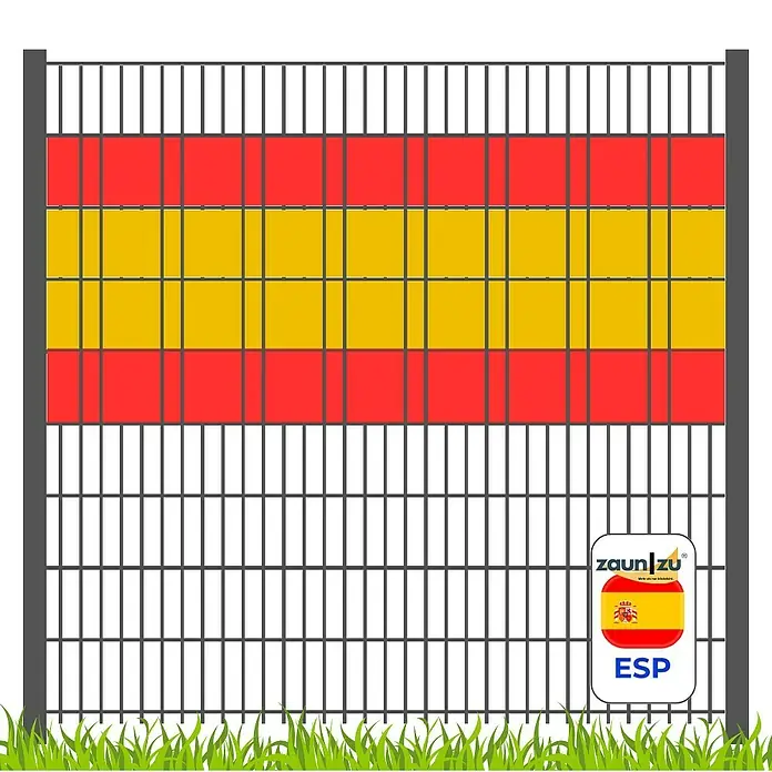 zaun|zu Sichtschutzstreifen Spanien - 19 x 0,1 cm, Rot/Gelb, Volle Streifenbreite - Das Bild zeigt einen Zaun mit den Farben der spanischen Flagge und dem Logo von ZaunZü.