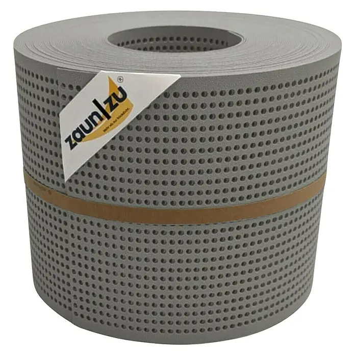 zaun|zu Sichtschutzstreifen Premium Gelocht - 26 m x 19 cm x 0,1 cm, Steingrau - Das Bild zeigt eine Rolle Zaunfolie von Zaun|zu, die zur Befestigung am Gartenzaun dient. Die Folie ist grau und perforiert.