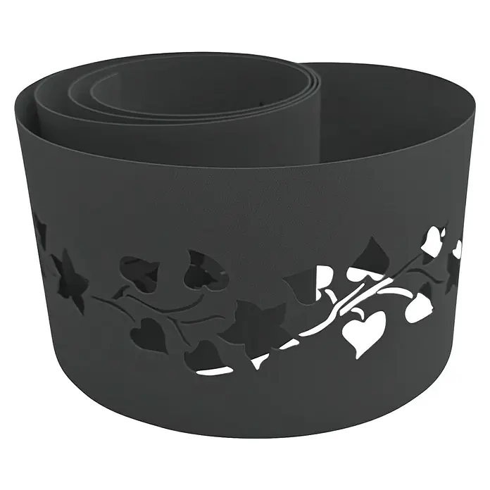 zaun|zu Sichtschutzstreifen Premium - 19 x 0,1 cm, Anthrazit, Florales Design - Abbildung eines schwarzen, gewickelten Pflanzenkübels mit ausgeschnittenem Blätterdesign, ideal für drinnen und draußen.