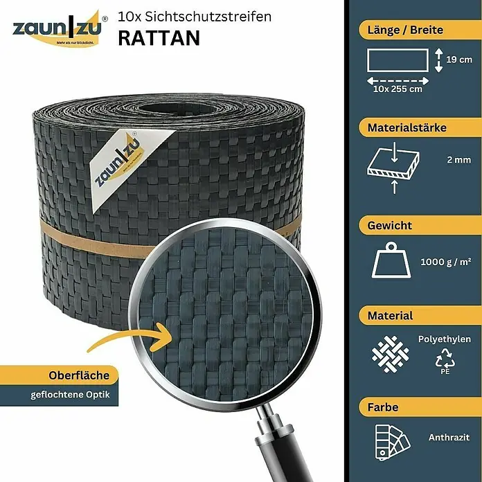 zaun|zu Sichtschutzstreifen Rattan 10 x Einzelstreifen - 25,5 m x 19 cm x 0,2 cm, Anthrazit - Produktbild: 10er Pack Zaunstreifen Rattan in Anthrazit. Das Set ist 19 cm breit, 2 mm dick und wiegt 1000 g/m². Material: Polyethylen.