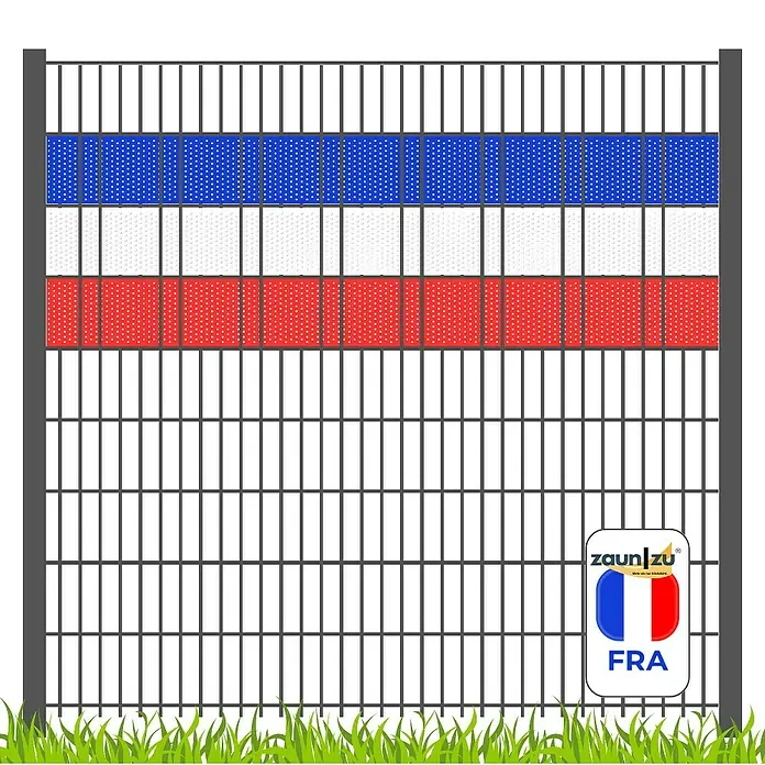 zaun|zu Sichtschutzstreifen Frankreich - 2,55 m x 19 cm x 0,1 cm, Blau/Weiß/Rot, Volle Streifenbreite Gelocht - Sichtschutzstreifen mit Motiv der französischen Flagge für Zaun.