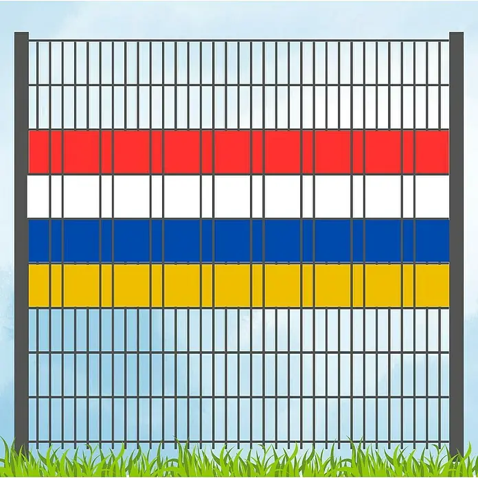 zaun|zu Sichtschutzstreifen Akzentstreifen Vereinsfarben - 2,55 m x 19 cm x 0,1 cm, Rot/Weiß/Blau/gelb, Volle Streifenbreite - Zaun mit den Farben Rot, Weiss, Blau und Gelb, die als Barriere dienen und die Sicherheit erhöhen.
