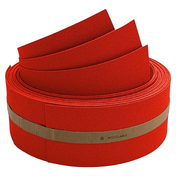 zaun|zu Sichtschutzstreifen Premium 1/3 - 2,55 m x 6,3 cm x 0,1 cm, Rot - Rotes Lenkerband für Fahrräder, aufgerollt und mit einer Papierbanderole versehen, die "Recyclable" kennzeichnet. Perfekt für den Fahrradlenker.
