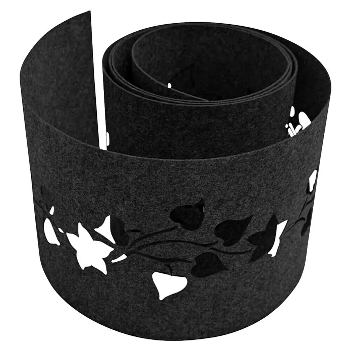 zaun|zu Sichtschutzstreifen Design Floral Variante 2 - 2,6 m x 19 cm x 0,2 cm, Schwarzgrau - Ein gewickelter, grauer Pflanzkübel-Umrandung aus Filz mit ausgeschnittenen Blattmotiven sorgt für einen stilvollen Touch in Ihrem Garten.
