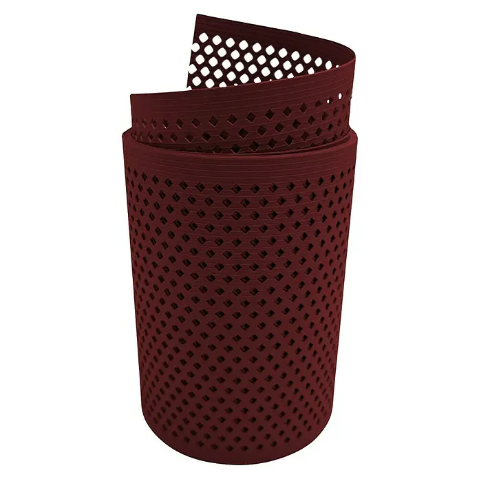 zaun|zu Sichtschutzstreifen Rille Quadrat Diamant - 2,55 m x 19 cm x 0,1 cm, Bordeaux - Nahaufnahme eines weinroten, perforierten Papierkorbs mit dekorativen Löchern, der sich spiralförmig nach oben windet.