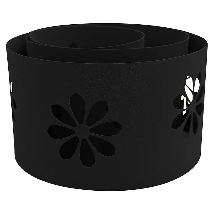 zaun|zu Sichtschutzstreifen Premium - 19 x 0,1 cm, Schwarz, Sonnenblumen- Design - Nahaufnahme einer schwarzen, spiralförmigen Halterung mit Blumendesign, ideal für stilvolle Pflanzenpräsentationen im Innenbereich.
