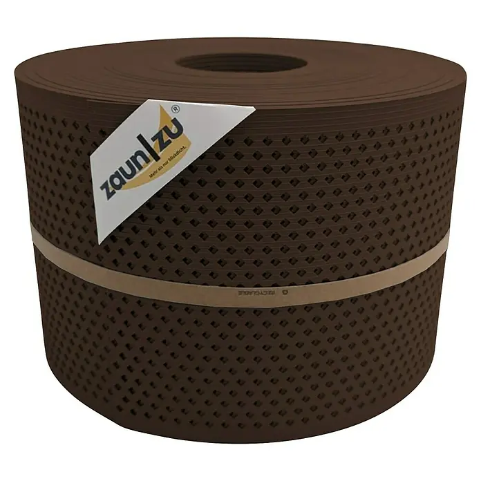 zaun|zu Sichtschutzstreifen Rille Quadrat Diamant - 50 m x 19 cm x 0,1 cm, Braun - Braune Zaunblende auf Rolle mit Etikett. Blickdichte Zaunlösung für mehr Privatsphäre und Windschutz im Garten oder auf dem Balkon.