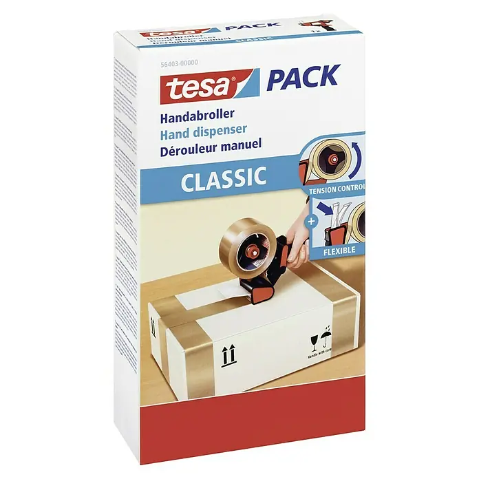 Tesa Pack Handabroller Classic - Geeignet für: Paketklebebänder bis 50 mm Breite - Abbildung der Verpackung eines Tesa Handabrollers "Classic" mit der Artikelnummer 56403-00000, der auf einem Karton verwendet wird.