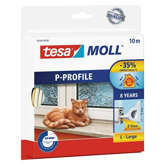tesa MOLL P-Profildichtung (Weiß, 10 m x 9 mm x 5,5 mm, Geeignet für: Spaltenbreiten 2 - 5 mm)
