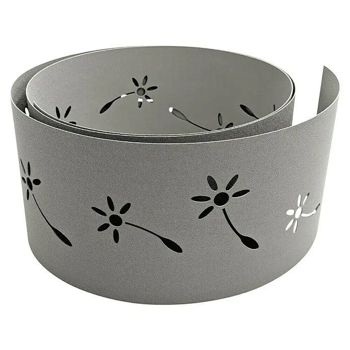 zaun|zu Sichtschutzstreifen Premium Pusteblumen Design - 2,55 m x 19 cm x 0,1 cm, Steingrau - Graues, gewundenes Dekoband mit Ausstanzungen in Blumenform, das eine elegante Note verleiht. Ideal für kreative DIY-Projekte.