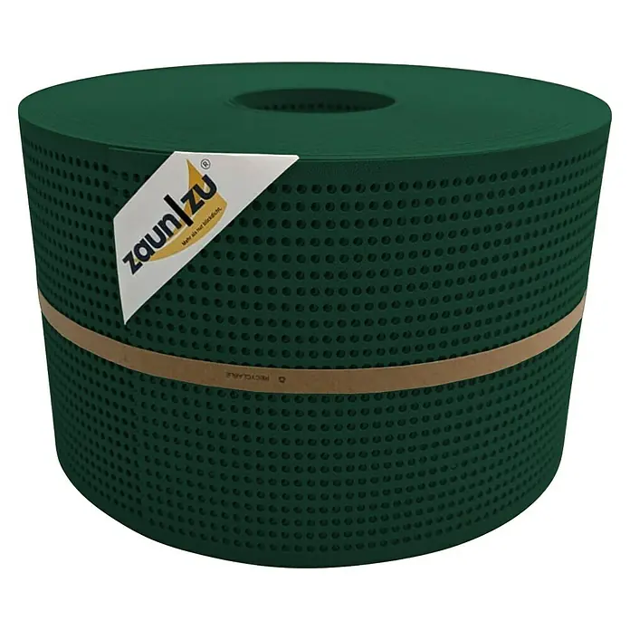 zaun|zu Sichtschutzstreifen Premium Gelocht - 50 m x 19 cm x 0,1 cm, Grün - Eine Rolle Zaunfolie in sattem Grün, mit einer Banderole und einem Etikett, das die Marke "Zaun/zu" zeigt.