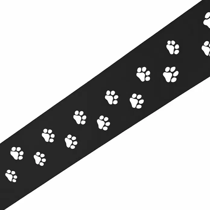 zaun|zu Sichtschutzstreifen Premium Tapsi - 2,55 m x 19 cm x 0,1 cm, Tiefschwarz - Schwarzer Streifen mit weißen Pfotenabdrücken auf einem weißen Hintergrund, ideal für Tierliebhaber und Dekoration.