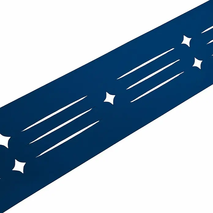 zaun|zu Sichtschutzstreifen Starline Laser - 2,55 m x 19 cm x 0,1 cm, Enzianblau - Dunkelblaues diagonales Band mit weißen Stern- und Linienausschnitten.
