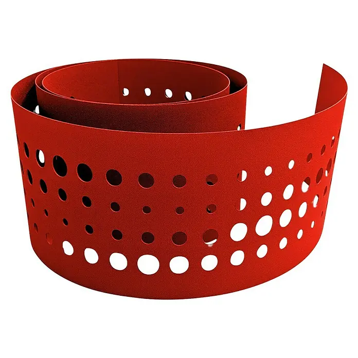 zaun|zu Sichtschutzstreifen Premium - 19 x 0,1 cm, Rot, Pulse - Rotes, perforiertes Band in spiralförmiger Anordnung. Ideal für kreative DIY-Projekte und zur dekorativen Gestaltung von Oberflächen.